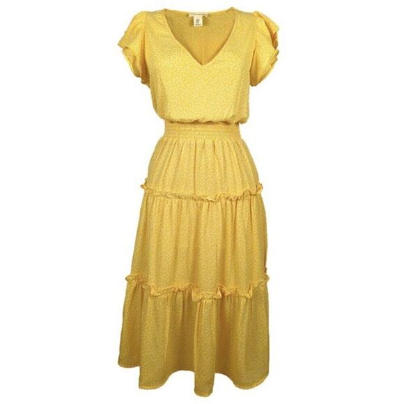 Jessica Simpson Yellow Ruffle Midi Dress Smocked Waist Tiered Feminine S - Picture 1 of 12